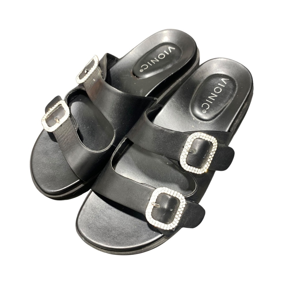 Vionic Capitola Crystal Black Leather Platform Buckle Slide Sandals Womens 6